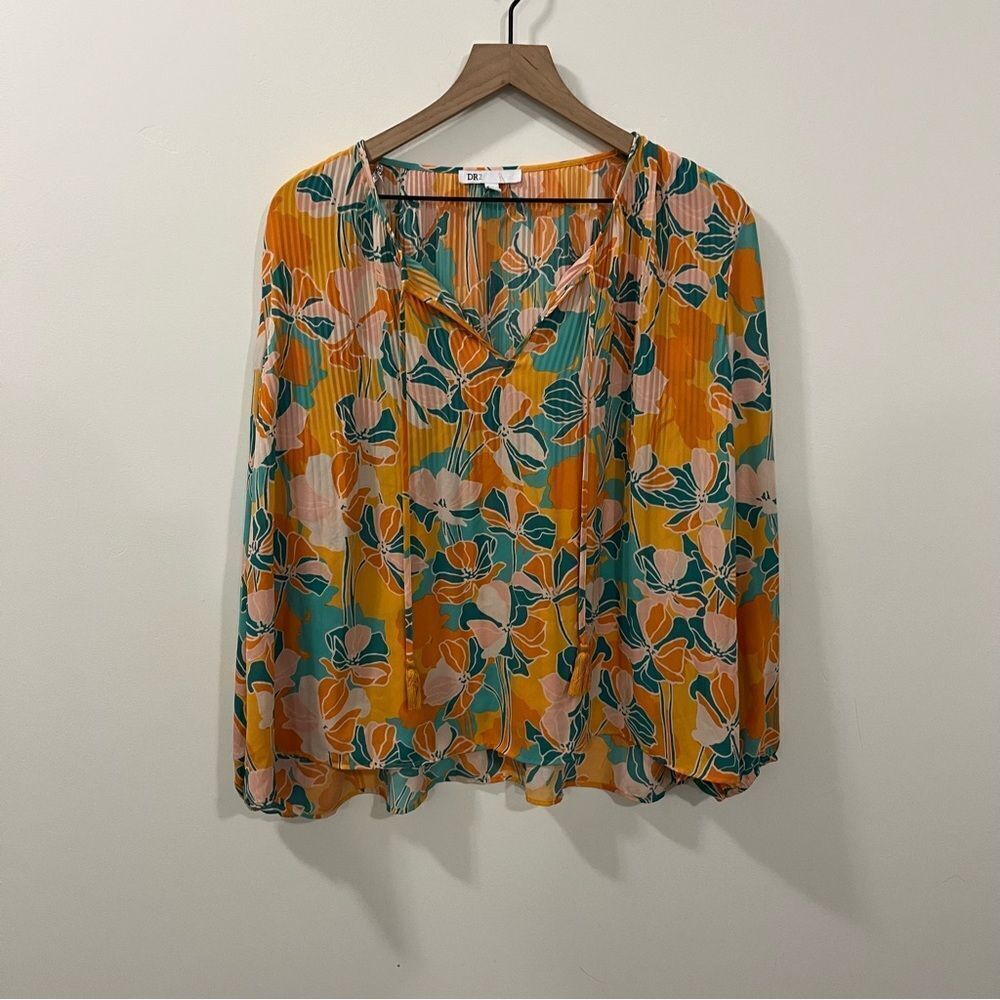 DR2 Floral Tropical Pleated Long Sleeve Blouse Size Medium